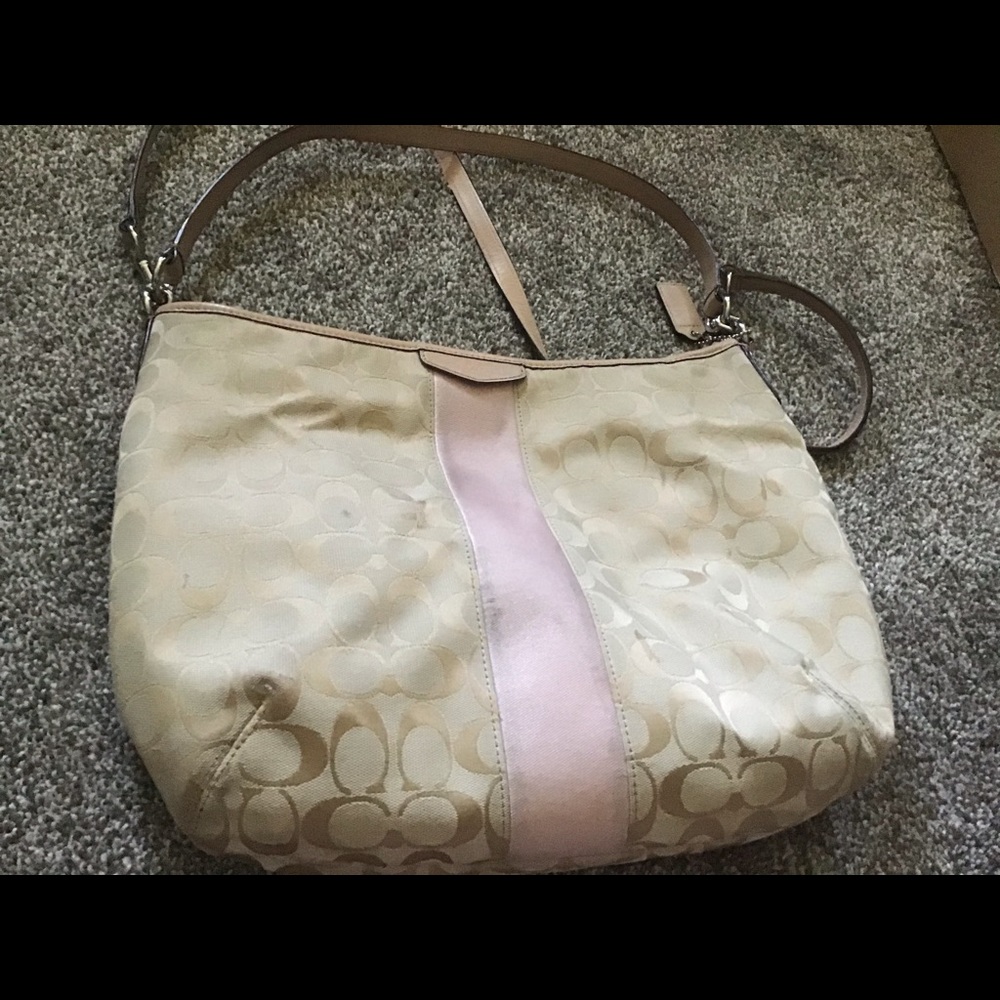 Tan and Pink fabric Coach shoulder bag